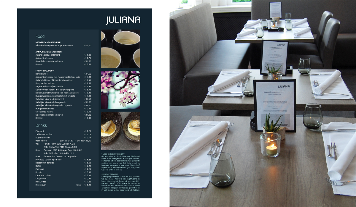 Image-Grafisch ontwerp van de menukaarten voor Juliana Restaurant in Valkenburg, Limburg